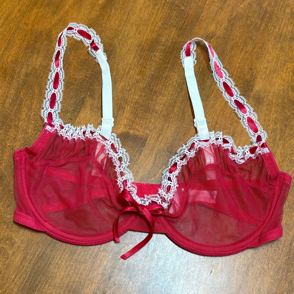 Victoria's Secret Red Mesh Underwire Bra with Cream Lace, 34B